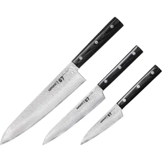 Samura 67 Damaststahl-Messer-Set - 3-teilige Küchenmesser-Kollektion: Gemüsemesser, Universalmesser und Kochmesser für präzises Schneiden und kulinarische Exzellenz - Silber, Schwarz