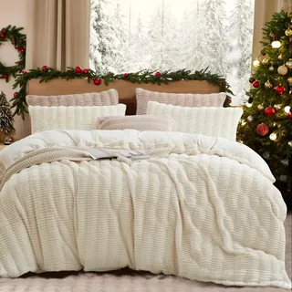 Lanqinglv Plüsch Bettwäsche 135x200 cm Weiß Flauschig Langhaar Kunstfell Winterbettwäsche Warm Kuschelig Flanell Fleece Cashmere Touch Bettbezug mit Reißverschluss und 1 Kissenbezug 80x80cm