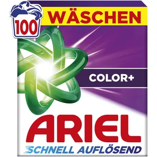 Ariel's schnell auflösendes Pulver Waschmittel Color+, 100, 100 Wäschen, Color+, Fleck-Weg-Power beim 1. Waschen, Sofortige Wirkung, selbst in kaltem Wasser
