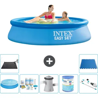 Intex runder aufblasbarer Easy Set-Pool – 244 x 61 cm – Blau – im Lieferumfang enthalten Sonnensegel - Wartungspaket - Filterpumpe für Schwimmbad - Filter - Staubsauger - Solarmatte