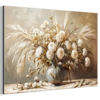 MuchoWow Metallbild Blumen - Vase - Stilleben - Beige Wandbild 60x40 cm , Creme , Metall , Rechteckig , 60x40 cm , einfache und schnelle Anbringung , Bilder & Rahmen, Bilder, Holz & Metallbilder
