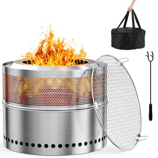 Tragbare Feuerstelle - Rauchfreie Feuerschale aus Edelstahl - 50 cm - Mit Grillrost - Herausnehmbare Ascheschale - Aufbewahrungstasche - Silber