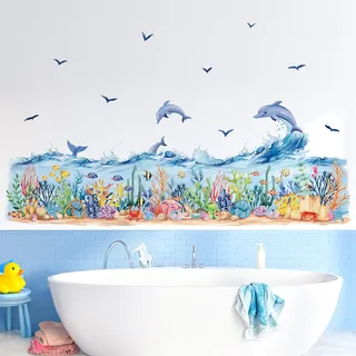 decalmile Wandtattoo Unter dem Meer Seetang Wandaufkleber Ozean Seegras Delfin Fisch Ozeanwelle Bordüre Wandsticker Kinderzimmer Babyzimmer Badezimmer Wanddeko