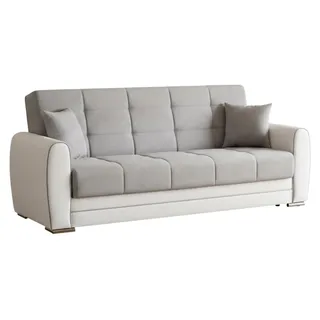 Schlafsofa Luis, 3-Sitzer-Container-Schlafsofa aus Kunstleder und Stoff, Wohnzimmersofa aus gepolstertem Stoff mit Klick-Klack-Öffnung, 220x84h91 cm, Weiß und Grau - Weiß