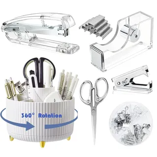 Gawsey Silbernes Schreibtisch-Organizer und Zubehör-Set mit 360 Grad drehbarem Stifthalter, Acryl-Hefter, Klebebandhalter, Klammerentferner, Ordner/Büroklammern-Set, Schere und 1 Box Heftklammern