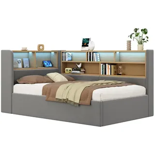 Redom Tagesbett 90/200 cm mit hydraulischem Bettkasten, Led, Usb- und Type-C-Anschluss, Samt, Grau , Textil , 90x200 cm , Schlafzimmer, Betten