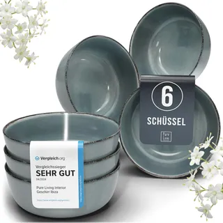 Steingut Müslischalen 6 Personen Rustic TESTSIEGER, Hochwertiges Landhaussttil Steingut Müsli Schüssel Set, Kleine Schüssel, Müslischale - Pure Living in Rauchblau