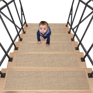 AKOZLIN Leinen Stufenmatten rutschfest 8"×30" Maschinenwaschbar,1Stück | Für Holzstufen,Für Kinder und Haustiere, Innenbereich,Beige