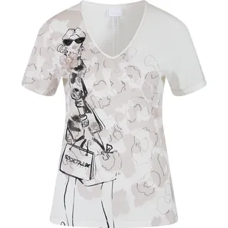 T-Shirt SPORTALM KITZBÜHEL, Damen, Gr. 38, beige (sanftes weiß gemustert), Single Jersey, Obermaterial: 100% Baumwolle, bedruckt, gemustert, mehrfarbig, regular fit hüftlang, V-Ausschnitt, eingesetzt abgesteppte Kante, Shirts T-Shirt, mit Frontprint