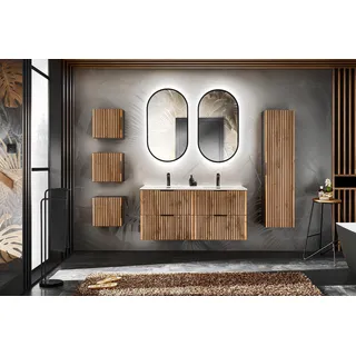 Moderner Bad-Waschtischunterschrank 120 cm mit zwei LED-Waschtischen Eiche wotan - Grau, Schwarz