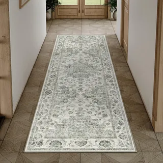 HUGEAR Vintage Grün Waschbarer Läufer Teppich Flur 60x180cm Bettvorleger Küchen Wohnzimmer Schlafzimmer Teppiche rutschfest Kurzflor Weich Flurläufer Teppichläufer