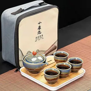 Scizorito Keramik Portable Travel Tee Set, chinesischer Kungfu Tee Set mit 360-Rotation Teekanne und Infuser, 4-Teetassen, Tee Tablett und Reisetasche (Guan-Ofen)