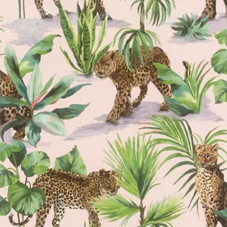 Rasch Textil Selbstklebende Vliestapete Leopard & Pflanzen 6,00 x 0,53 m 600 g Rosa/Grün