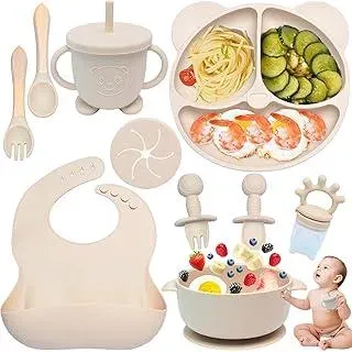 10 Stücke Silikon Baby Geschirrset, Kindergeschirr Baby-Teller Rutschfest mit Saugnapf, Baby-Teller mit Saugnapf, Schüssel, Lätzchen,Löffel,Gabel,Baby-Trinkbecher,Fruchtsauger Set, Beige - Beige