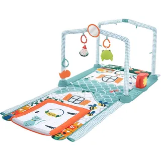 Fisher-Price HJK45-3-in-1 Kleine Ferienhaus Spieldecke, Spieldecke für das Spielen in Bauchlage und Tunnel zum Hindurchkrabbeln mit Spielzeug für Babys und Kleinkinder ab der Geburt