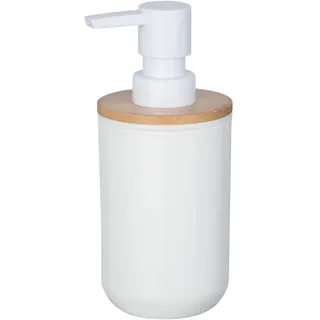 WENKO Seifenspender nachfüllbarer Pumpspender für Flüssigseife oder Lotion | weiß Kunststoff Bambus-Akzenten B 7 x H 16,5 x T 8 cm Füllmenge 330ml, Mod. Posa