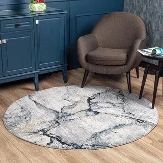 Livabliss Berlin Wohnzimmer modern – Abstrakt Design in Marmor Optik für Wohnzimmer 160 cm Rund, Esszimmer, Schlafzimmer - Marmor e groß, weicher Kurzflor in Grau, Blau, Elfenbein