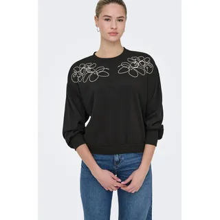Sweatshirt ONLY "ONLBROOKE L/S O-NECK DETAIL SWT NOOS", Damen, Gr. L, schwarz (schwarz detail:ecru draw flower), Sweatware, Obermaterial: 60% Baumwolle, 40% Polyester, regular fit normal, Rundhals, Rippbündchen, Sweatshirts Sweatshirt