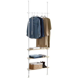 SoBuy Teleskopstange Kleiderständer mit 1 Kleiderstange und 3 Ablagen Teleskop Garderoben System Verstellbares Garderobenständer B 97 x H (193-262) cm Weiß & Natur KLS14-WN
