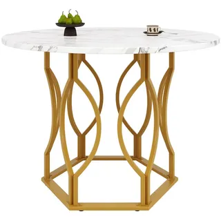 Redom Esstisch 100/100/76 cm rund mit MDF-Tischplatte und verstellbaren Metallbeinen, Weiß/Goldfarben , Holzwerkstoff , 100x76x100 cm , Esszimmer, Esstische