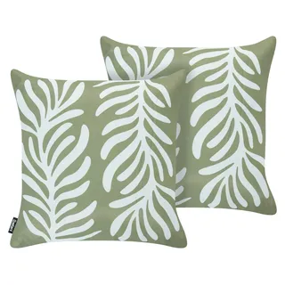 BELIANI Gartenkissen 2er Set Olivgrün Polyester 45 x 45 cm Quadratisch Pflanzenmuster Skandinavischer Stil Outdoor Kissen - Grün, Weiß