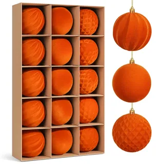 Miaikoe 15 Stück Samt Weihnachtskugeln hängende Ornamente Set, vorgebunden zerstörungsdicht Plastik Flocked Weihnachtskugeln Weihnachtsdekorationen Festival Feiertag Party Dekor (Orange, 8CM)