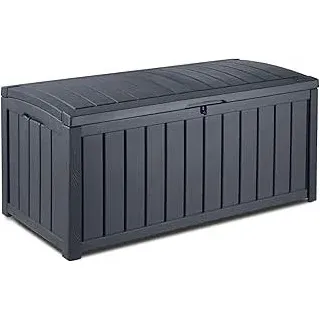 Keter Glenwood Kissenbox, Auflagenbox, 390 Liter Volumen, Wasserdicht, Graphit, Holzoptik, Sitzbank für 2 Erwachsene,134.5L x 74.5W 13.3H cm, Gartenbox, Grau