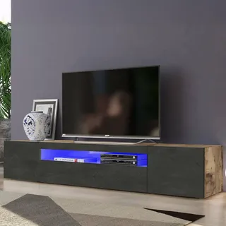 Dmora - TV-Schrank Jesse, niedriges Wohnzimmer-Sideboard mit 3 Türen, Fernsehständer-Basis, 100 % Made in Italy, 200 x 40 x 37 cm, Ahorn und Schiefer, mit LED-Licht