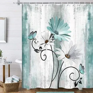 Turquoise Blumen- und Schmetterlings-Muster, landhausstil, 70x70 Zoll, Holz, Badezimmer.
