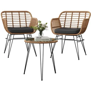 GarveeHome Outdoor Rattan Sitzgruppe, Möbel für 2 Personen, 3-TLG. Bistroset, Balkonmöbel, Gartenmöbel Set mit 2X Stühle + Tisch, kleine Lounge wetterfest für Garten Balkon Terrasse -Natur