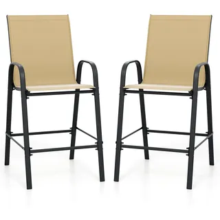 COSTWAY Barhocker Outdoor 2er Set, Barstühle mit Armlehnen, Fußstütze & hoher Rückenlehne, Tresenhocker bis zu 150kg, Bistrohocker Sitzhöhe 74cm - Beige, Schwarz