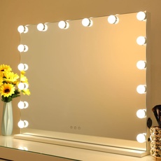 Dayu Hollywood 70x55 cm Spiegel Kosmetikspiegel Schminkspiegel mit Beleuchtung für den Schminktisch, Helligkeitseinstellung, 3 Leuchtmodi, Memory-Funktion, 16 dimmbare Glühbirnen Weiß