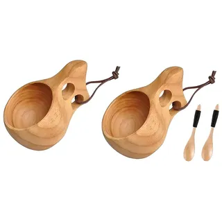 Ksrnsne 2 Stück Holzbecher nordischen , Kuksa-Tasse, tragbar, Camping, Freien, Trinkbecher, Kaffeebecher mit Holzlöffel