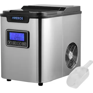AREBOS Eiswürfelmaschine 2,2L Wassertank 3 Eiswürfelgrößen 12 kg/24h Timer - Silber