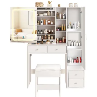 AIORBER Vanity Schminktisch mit LED Spiegel, Schubladen & Hocker, Schminktisch mit Beleuchtung, große Ablage, Frisiertisch, Weiß - Weiß