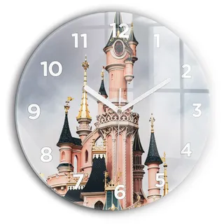Wallfluent Große Wanduhr – Stilles Quarzuhrwerk - Uhr Dekoration Wohnzimmer Schlafzimmer Küche - Zifferblatt - weiße Zeiger - 60 cm - Schloss Disneyland in Paris - Rosa