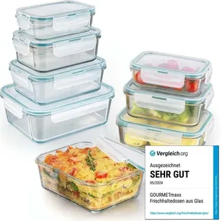 GOURMETmaxx Glas-Frischhaltedosen Klick-it 8er Set | Als Brotdose oder für Meal Prep | Spülmaschinen- Mikrowellen- und Gefrierschrankgeeignet | Aufbewahrungsbox mit Deckel