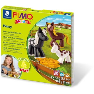 Staedtler 8034 08 LY Fimo kids form&play Set Pony (superweiche, ofenhärtende Knete, kinderleichte Anleitung, wiederverschließbare Box, Set mit 4 x 42 g