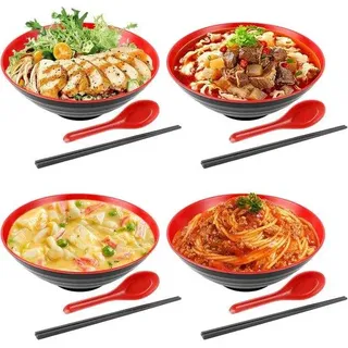 Ramen-Kochset mit Löffel und Holzlöffeln - 1 L für Buldak-Ramen, Udon-Nudeln, chinesische Nudeln - Rot - Bunt
