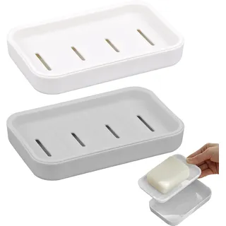 CALLYSONIC 2 Stück Seifenschale mit Ablauf, Rutschfreies Design Seifenhalter, Einfache Reinigung, Trocken, Seifenablage, Seifenspender für Bad und Dusche, Double Layer Draining Soap Box, Weiß, Grau