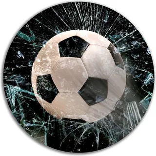 Wallario rundes Outdoor-Poster für Garten oder Balkon, Motiv Fußball - im Fenster, Splitter und Glas, 60 cm Durchmesser - Schwarz