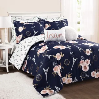 Lush Decor Bettwäscheset, 7-teilig, Vintage-Stil, Motiv: Paris Rose und Schmetterling, wendbar, Marineblau