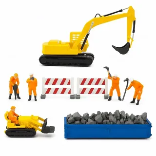 Iberplace H0 Baustellen-Set Konstruktion Nr. 1, 9-teilig: Kettenbagger, Raupenlader, Schuttcontainer, Absperrungen & Bauarbeiter, Resin 3D-Druck, handbemalt, Maßstab 1:87, EU-Herstellung, 30007