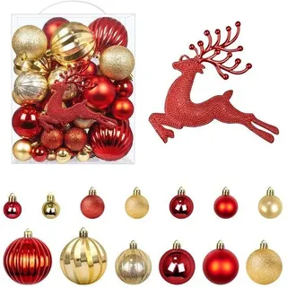 Unyqoos® 50er‐Set Christbaumkugeln Rot & Gold – unzerbrechliche Kunststoffkugeln mit Rentier‐Motiven, glänzend/matt/strukturiert, inkl. Aufhänger & transparenter Box - Rot, Gold