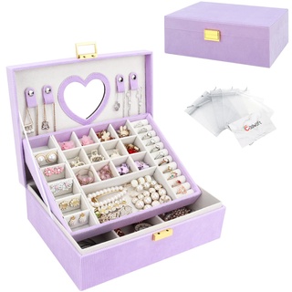 Schmuckkasten, Großer Schmuckkästchen mit Spiege für Damen Mädchen, Samt Schmuckbox Schmuckschatulle Groß Schmuck Organizer für Ringe Ohrringe Armbänder Halsketten, Lila