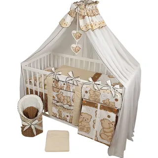 HAPPY 16 Teiliges Babybett Kinderbett und Bettwäsche komplett Set höhenverstellbar aus Massivholz für Neugeborene Babys und Kleinkinder (Beige-Knuddelbären) - Beige