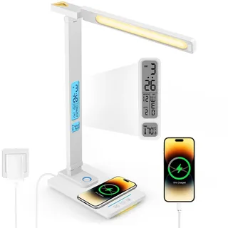 Schreibtischlampe LED Dimmbar mit Ladefunktion Uhr - Tischlampe Nachtlicht mit 10W Kabellosem Ladegerät, USB-Ladeanschluss Klappbare Schreibtisch Lampe Tx223white-eu
