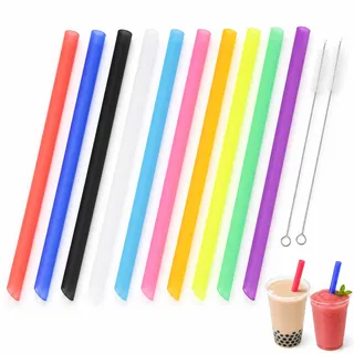 Carehabi 10 Plastik Strohhalme, wiederverwendbar, 27 cm, 11 mm | Für Tapiokaperlen und dicke Drinks, Slushies, Smoothies, Milchshakes, 2 Reinigungsbürsten, 10 Farben