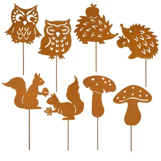 Valery Madelyn 8er Rost Gartenstecker für Herbstdeko Draußen,25cm Rostoptik Gartendeko mit Igel Eule Pilze,Beidseitig Roststecker Metall für Innen Blumentopf Terrasse,Geschenk Erntedank