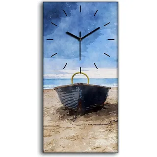 Dekor Leinwand Uhr Wandbilder Geräuschlos 30x60 Boote Wasser Himmel Strand - schwarze Hände - Blau